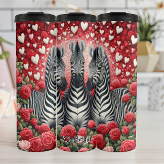 Een trio van zebra's in een hart en Roos tuin Thermosbeker