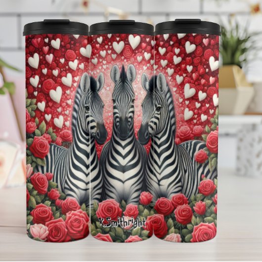 Een trio van zebra's in een hart en Roos tuin Thermosbeker