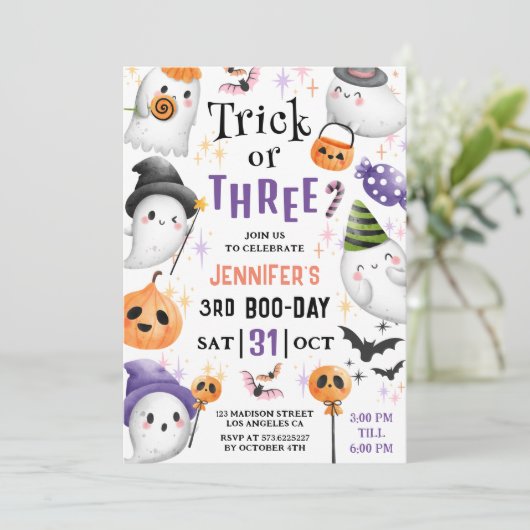 Een truc of drie! Schattigee geesten Halloween 3e  Kaart (Staand voorkant)