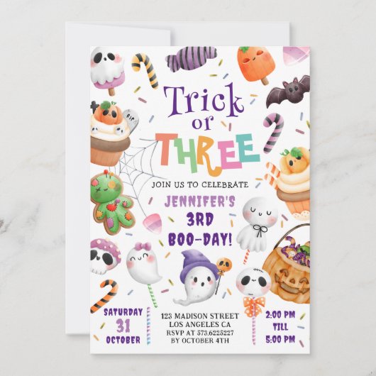 Een truc of drie! Schattigee Paarse Halloween 3e V Kaart (Voorkant)