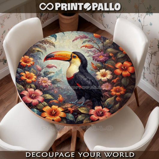 Een tucan in het oerwoud met bloemen tissuepapier