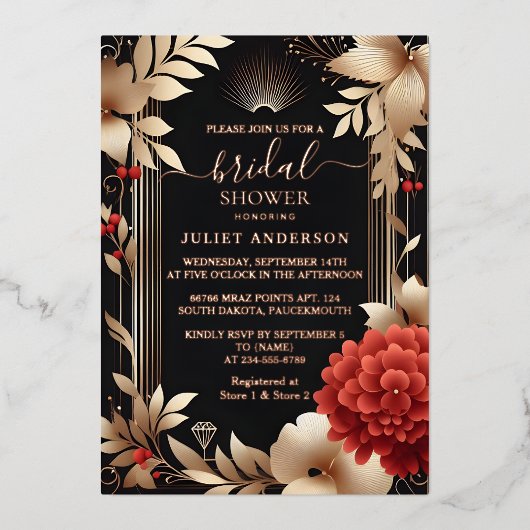 Een Tuin Diamond Rood Zwart en Goud Vrijgezellenfe Folie Uitnodiging (Voorkant)
