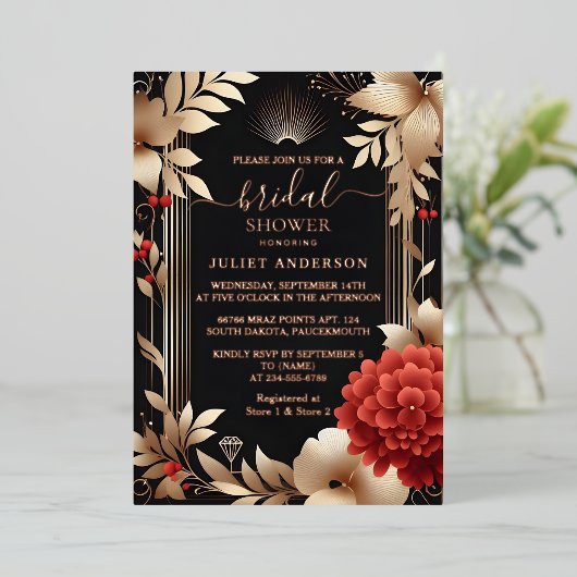 Een Tuin Diamond Rood Zwart en Goud Vrijgezellenfe Folie Uitnodiging (Staand Voorkant)