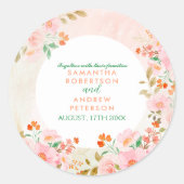 Een Tuin Romance: Roze & Groene Waterverf Bruiloft Ronde Sticker (Voorkant)