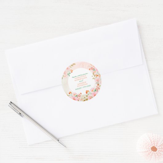 Een Tuin Romance: Roze & Groene Waterverf Bruiloft Ronde Sticker (Envelop)