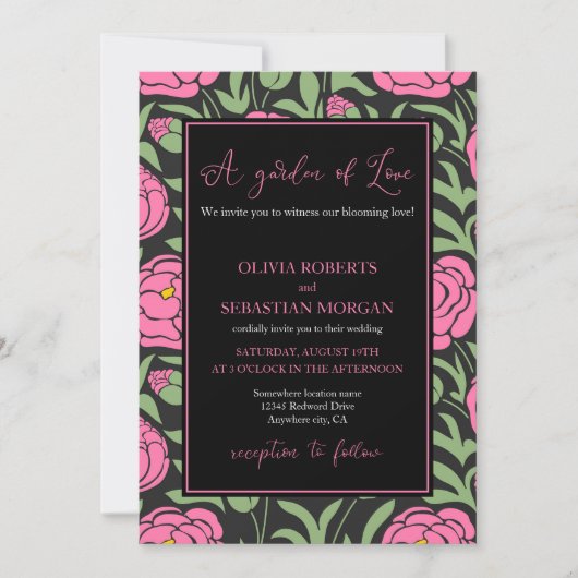 Een tuin van liefde. Roze Pioen Bloemen Bruiloft Kaart (Voorkant)
