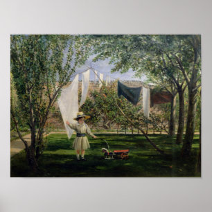 Een tuinscène met een jongen poster