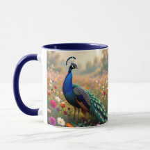 Een turquoise en blauwe pauw in bloemen 