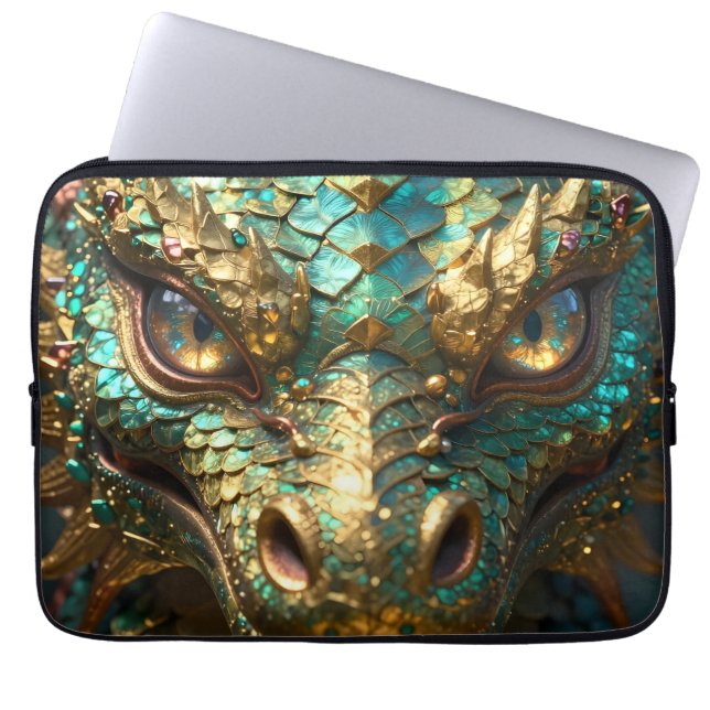 Een turquoise en gouden mysterieuze draak laptop sleeve (Voorkant)