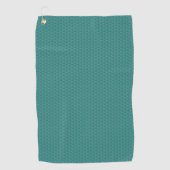 Een turquoise handdoek met waffelstructuur hangt v (Voorkant)