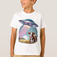Een ufo ontvoert een koe, met de balk gemaakt van