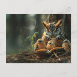 Een uil die een boek leest aan kleine kuikens briefkaart