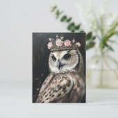 Een uil met een kroon en roze rozen briefkaart (Staand voorkant)