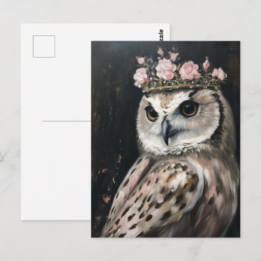 Een uil met een kroon en roze rozen briefkaart (Voorkant / Achterkant)
