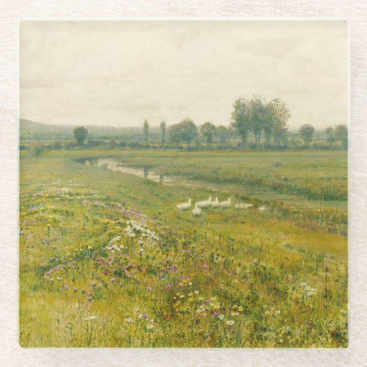 Een uitgestrekt weidelandschap met ganzen glazen onderzetter (Voorkant)