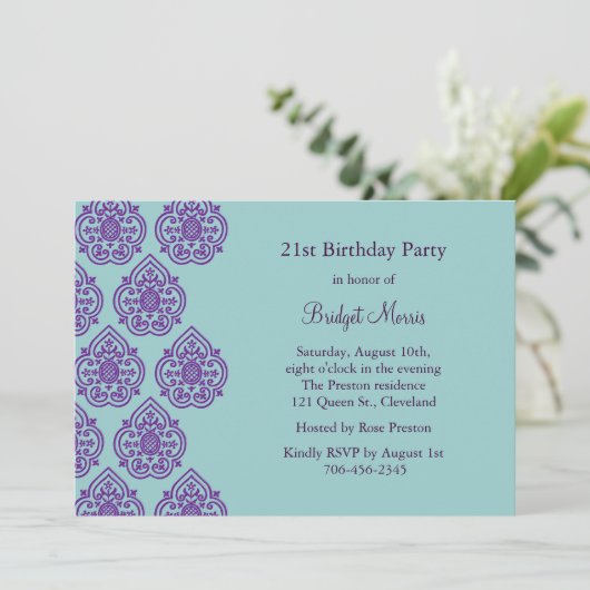 Een  uitnodiging tot 21e verjaardag van Damask (Staand voorkant)