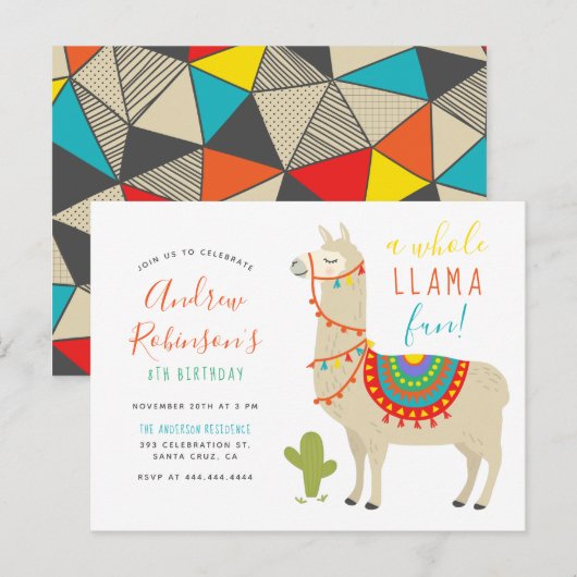 Een uitnodiging van een hele Llama Fun Animal Birt (Voorkant / Achterkant)