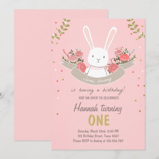 Een uitnodiging voor 'Bunny Easter Spring Birthday (Voorkant / Achterkant)