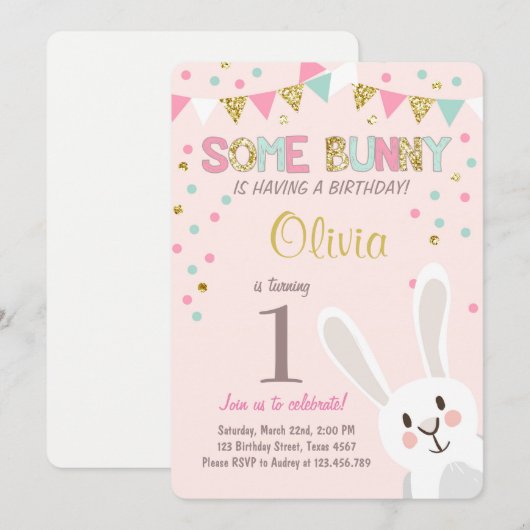 Een uitnodiging voor 'Bunny Easter Spring Birthday (Voorkant / Achterkant)