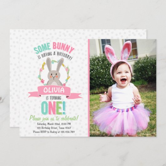 Een uitnodiging voor 'Bunny Easter Spring Birthday (Voorkant / Achterkant)