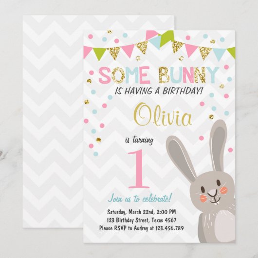 Een uitnodiging voor 'Bunny Easter Spring Birthday (Voorkant / Achterkant)