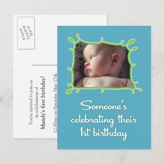 Een uitnodiging voor de eerste verjaardag briefkaart (Voorkant / Achterkant)