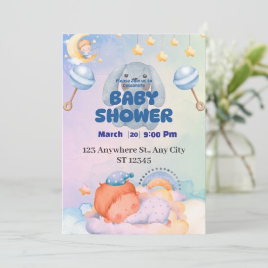 Een uitnodiging voor een baby shower vol blijdscha (Staand voorkant)