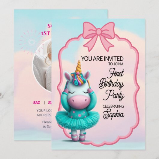 Een uitnodiging voor een Magische Unicorn Birthday (Voorkant / Achterkant)