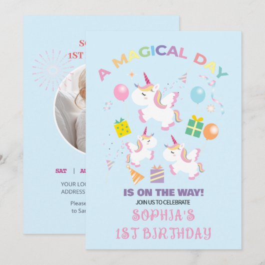 Een uitnodiging voor een Magische Unicorn Birthday (Voorkant / Achterkant)