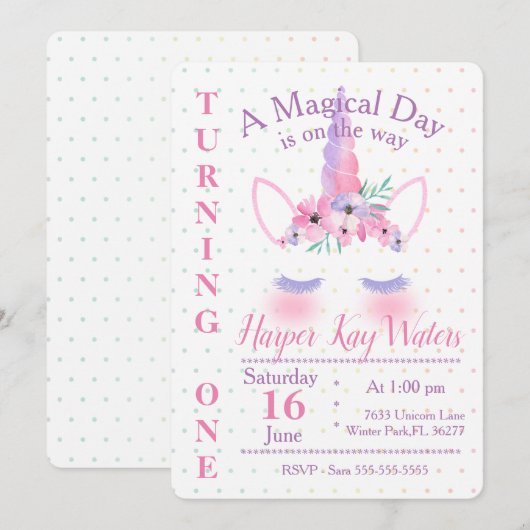 Een uitnodiging voor een Magische Unicorn Birthday (Voorkant / Achterkant)