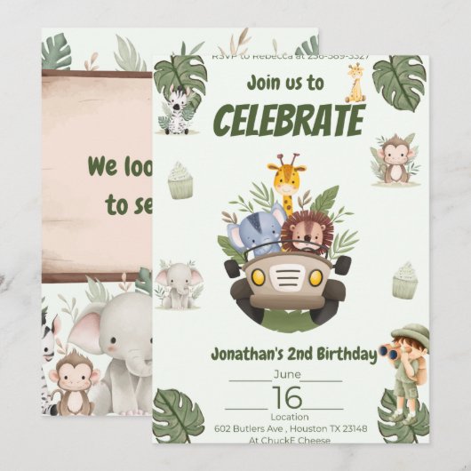 Een uitnodiging voor een Safari Animals verjaardag (Voorkant / Achterkant)