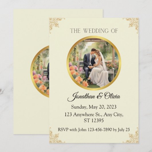 Een uitnodigingskaart voor een bruiloft getiteld R Kaart (Voorkant / Achterkant)