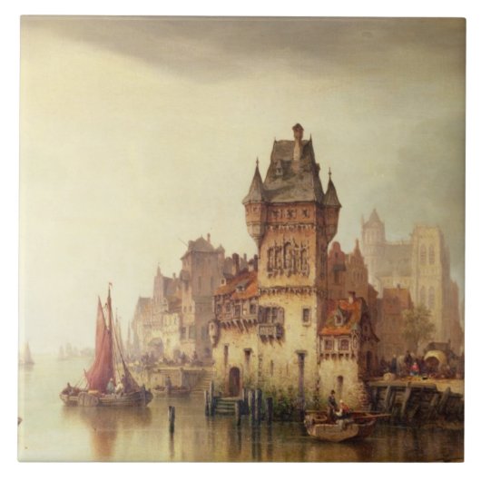 Een Uitzicht op de rivier de Dordrecht, 1879 (olie Tegeltje (Voorkant)