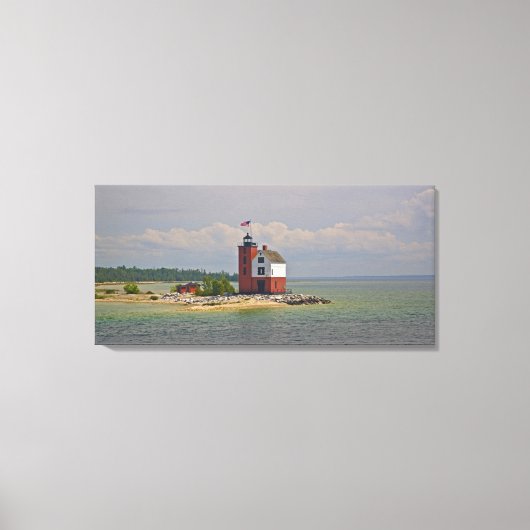 Een uitzicht op het lichtstation Round Island. Canvas Afdruk (Voorkant)