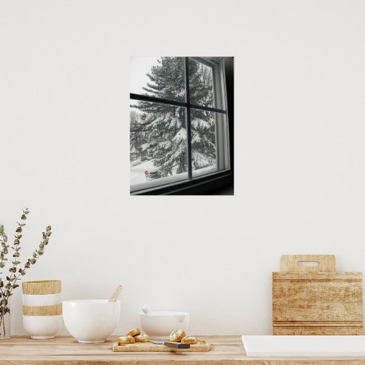 Een Uitzicht uit het raam van de sneeuwbedekking E Poster (Keuken)