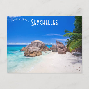Een Uitzicht van een strand op de Seychellen Briefkaart