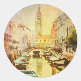 een Uitzicht van het kanaal met boten en gebouwen Ronde Sticker