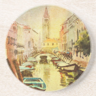 een Uitzicht van het kanaal met boten en gebouwen Zandsteen Onderzetter