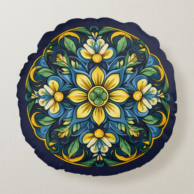 Een unieke Azulejo Elegantie: Midnight Garden Rond Kussen (Voorkant)