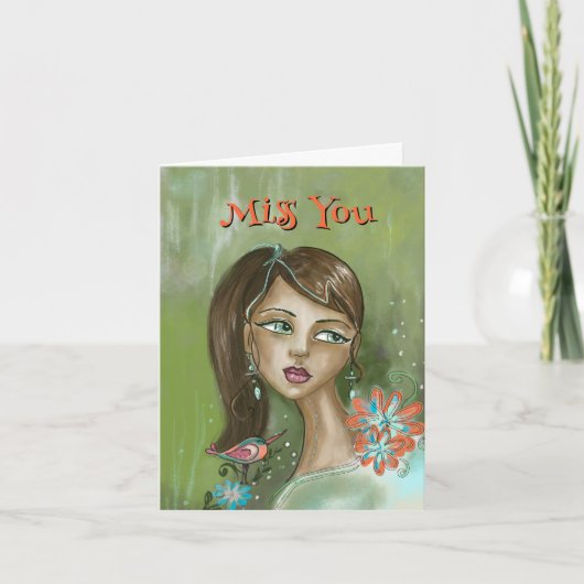 Een unieke Miss You-Kaart met Floral Girl & Bird Kaart (Voorkant)