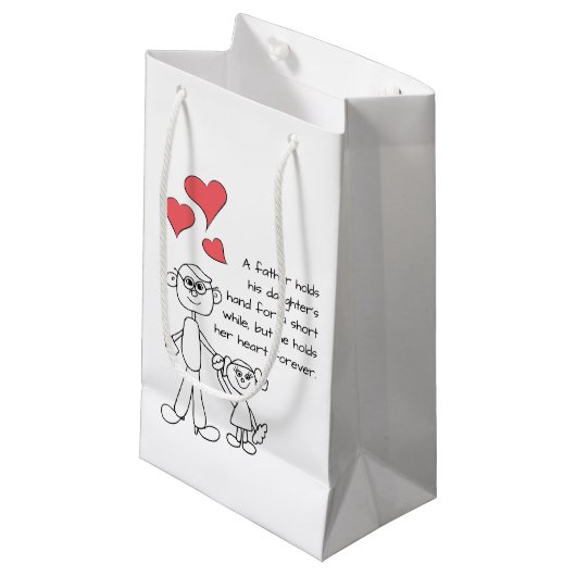Een vader houdt de hand van zijn dochter vast klein cadeauzakje (Voorkant Gekanteld)