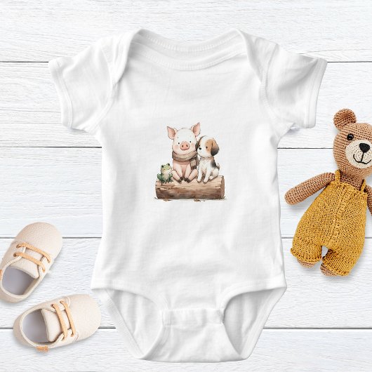 Een varken, kikker en hond op een stam! Mooie baby Romper