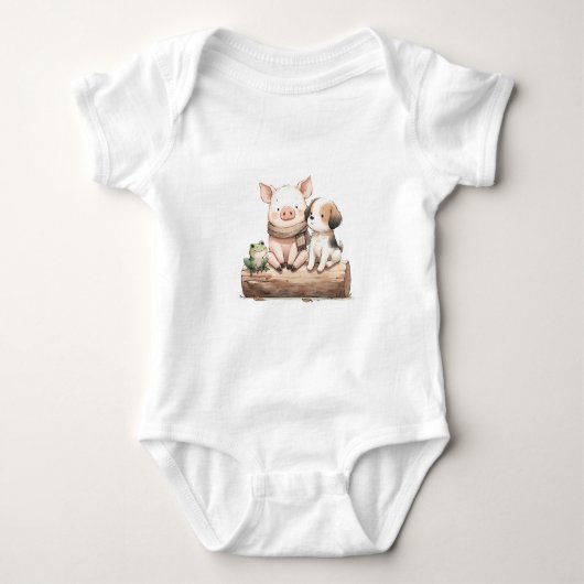 Een varken, kikker en hond op een stam! Mooie baby Romper (Voorkant)