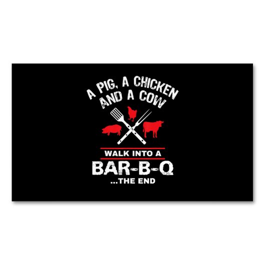 Een varkenskippenkoe loopt in een bar Funny BBQ Magnetisch Visitekaartje (Voorkant)