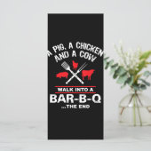 Een varkenskippenkoe loopt in een bar Funny BBQ Menu (Staand voorkant)