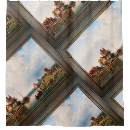 Een Vast rivierlandschap met windmolens Douchegordijn (Voorkant)