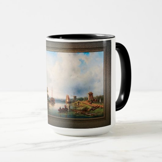 Een Vast rivierlandschap met windmolens Mok (Voorkant rechts)