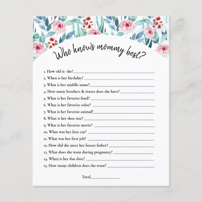 Een vel papier met het spel voor een babyshower. (Voorkant)