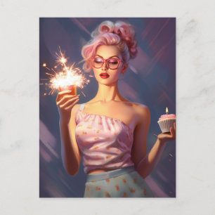 Een verbazingwekkende vrouw met roze haar die een  briefkaart