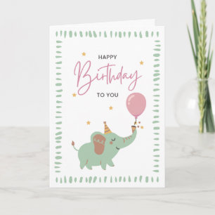 Een verjaardagskaart met een olifant en groene ran kaart